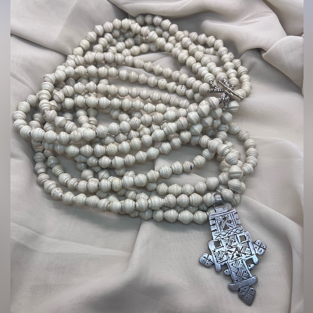 Akola Project Necklace Ethiopian Cross Uganda Paper Bead Brass Toggle Clasp 35"